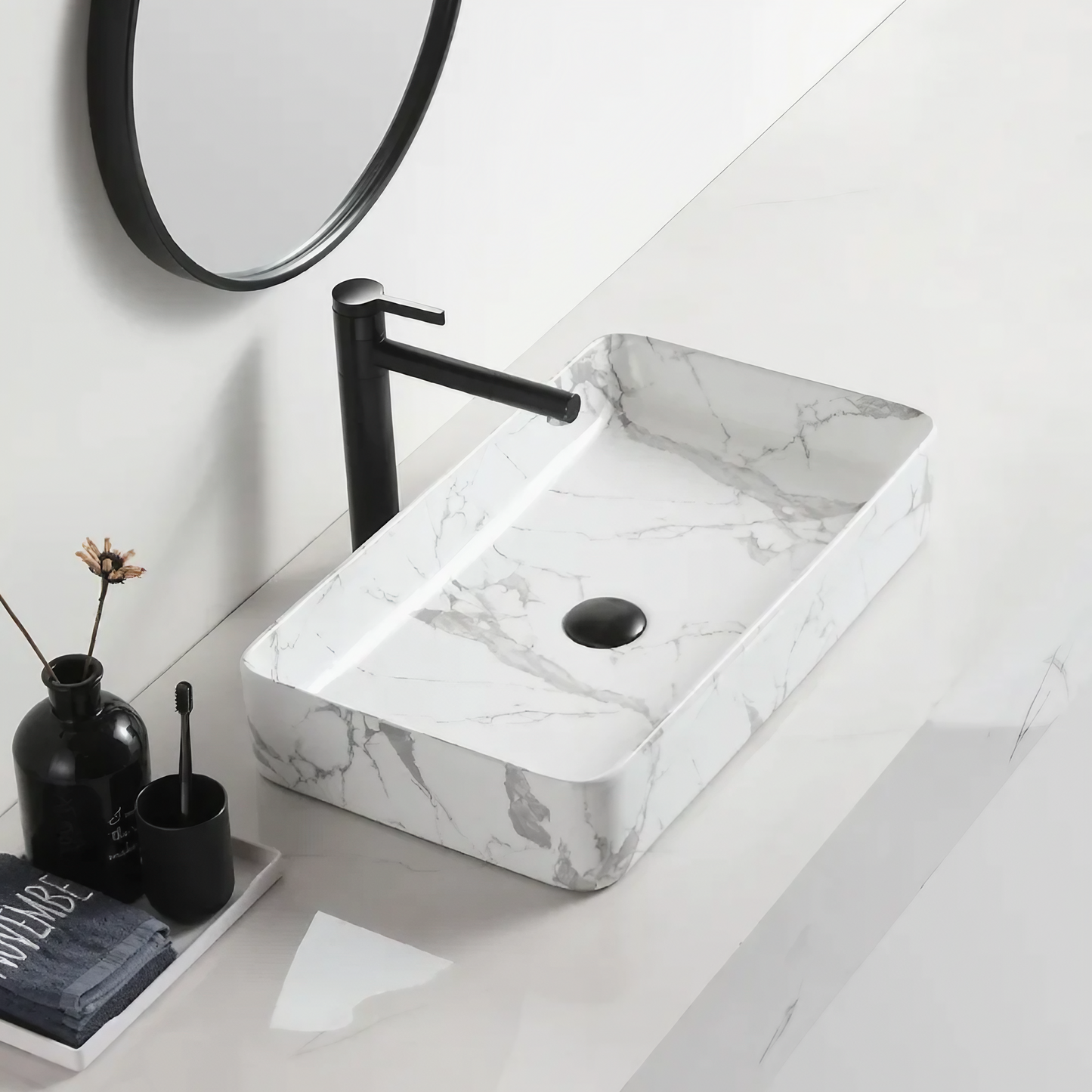 Opzet Waskom - Porselein - Isabella - Wit Marmer - 610x350x110mm