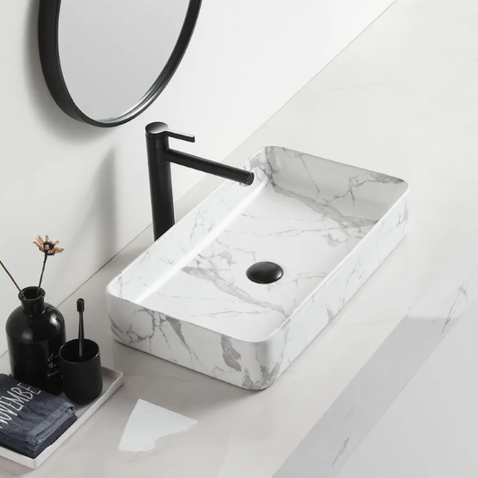 Opzet Waskom - Porselein - Isabella - Wit Marmer - 610x350x110mm
