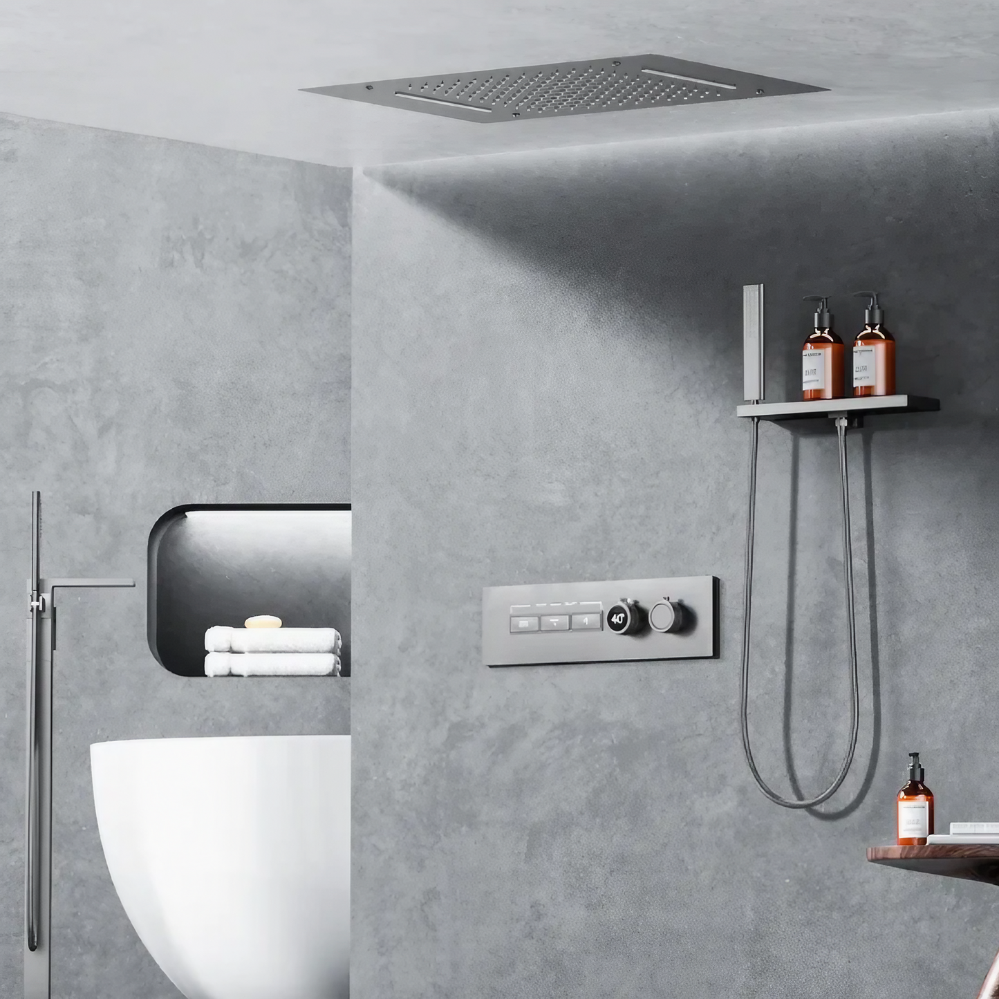 Thermostatisch Inbouw Regendoucheset - Napoli - Gun Grey - Digitaal Display - Met Storage Table