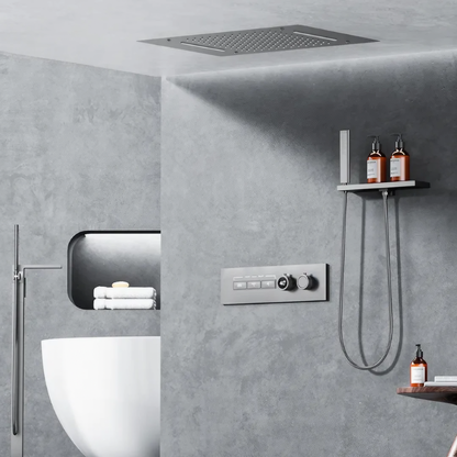 Thermostatisch Inbouw Regendoucheset - Napoli - Gun Grey - Digitaal Display - Met Storage Table