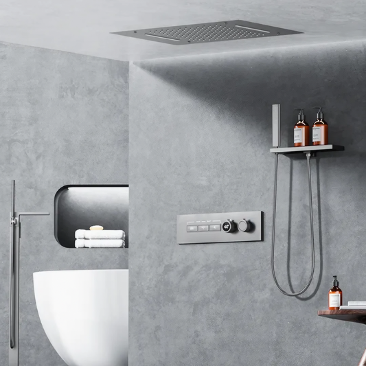 Thermostatisch Inbouw Regendoucheset - Napoli - Gun Grey - Digitaal Display - Met Storage Table