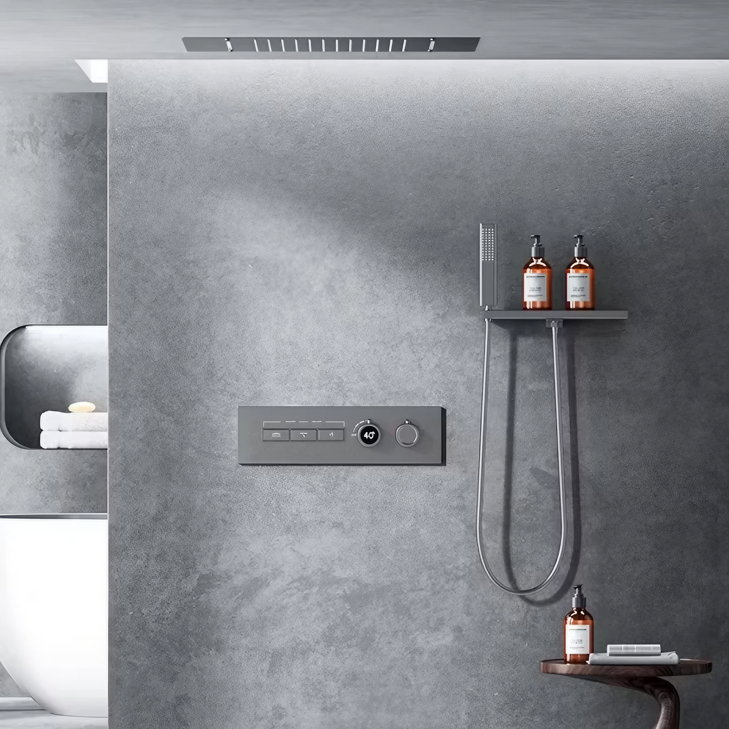 Thermostatisch Inbouw Regendoucheset - Napoli - Gun Grey - Digitaal Display - Met Storage Table
