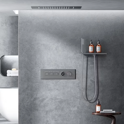 Thermostatisch Inbouw Regendoucheset - Napoli - Gun Grey - Digitaal Display - Met Storage Table
